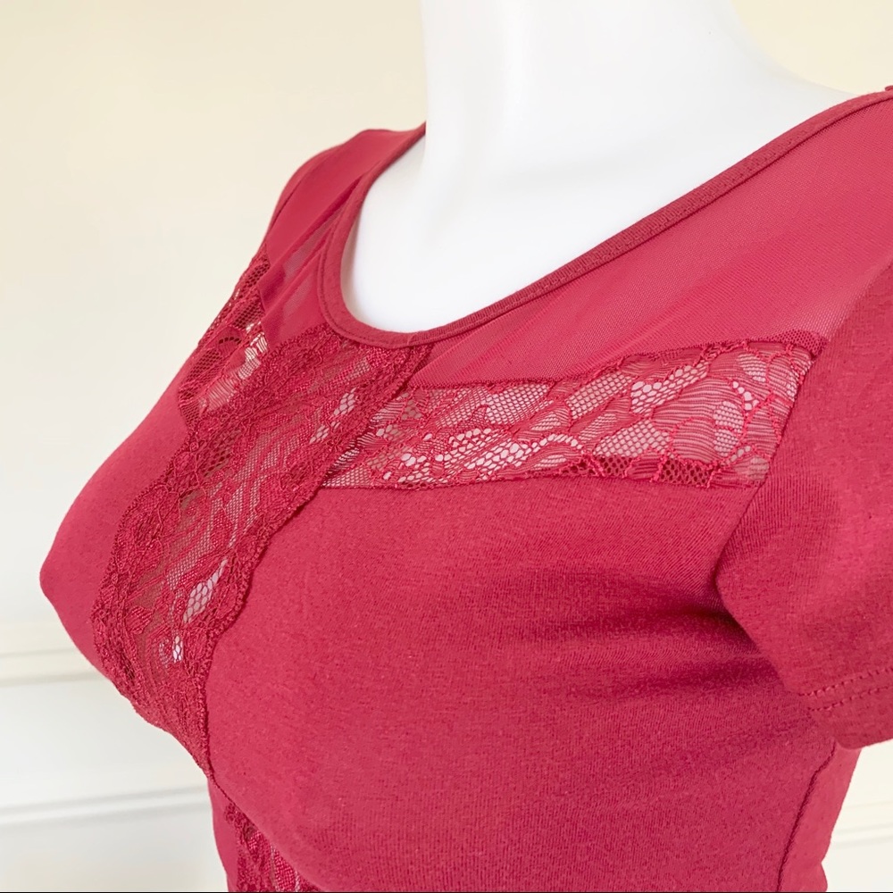 NWOT Burgundy Sheer Lace Mesh Cutout Fitted Tee - Picture 12 of 13